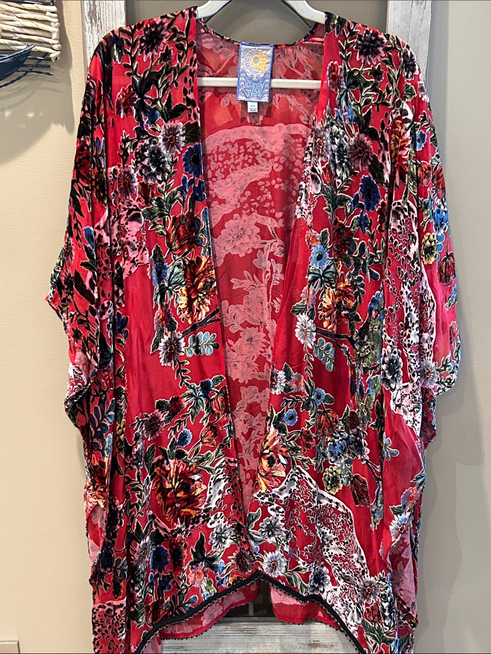 Johnny Was Red Floral Velvet Burnout Shawl